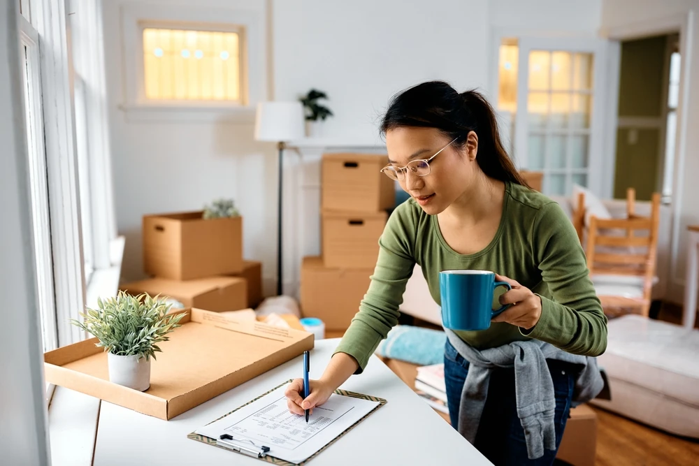 A focused woman reviewing a checklist on a table filled with packing boxes